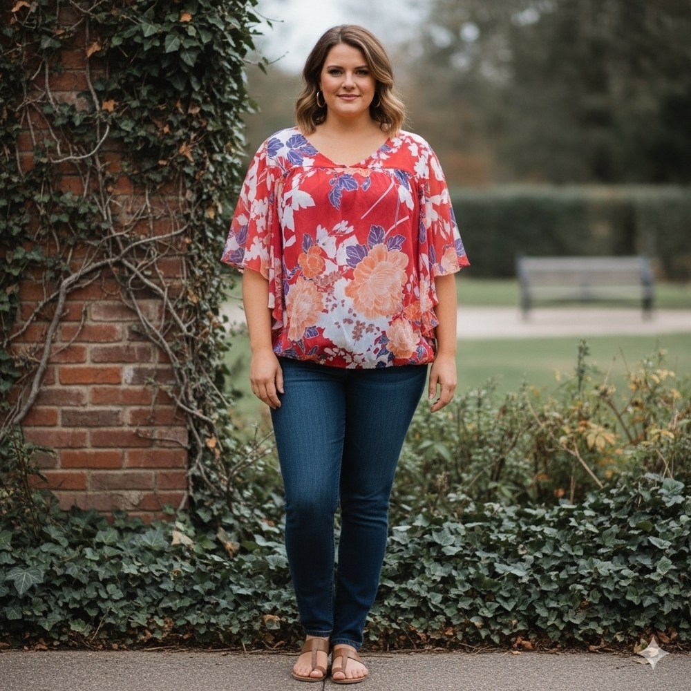 A.N.A. Women's 3X Floral V-Neck Blouse Red Flowy Shirt Sleeves Plus Size Top